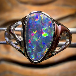 Sterling Silver - Queensland Boulder Opal Doublet Ring Top Top Red Multi