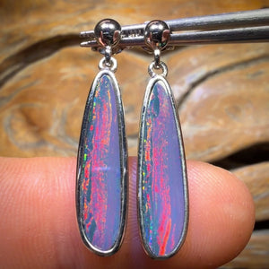 Sterling Silver - Australian Boulder Opal Doublet Drop Stud Earrings. Best Big Red Multicolour
