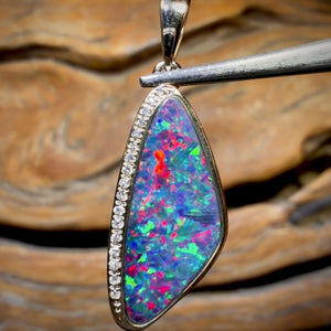 14k Gold - Queensland Boulder Opal Doublet Pendant Top Red Multi Fire with Diamonds New 2026