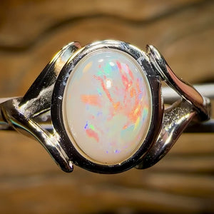 Sterling Silver - South Australian Crystal Opal Ring with Red Multi Fire