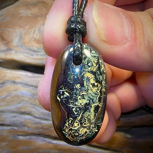 33 x 18mm - Black Tribal Drilled Boulder Opal Pendant w/ Eco Friendly Vegan Cord
