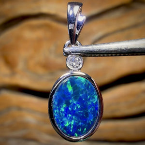 14k White Gold - Queensland Boulder Opal Doublet Pendant Diamond