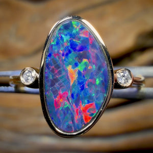 14k Gold - Queensland Boulder Opal Doublet Ring Top Fire Red Multi