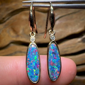 14k Gold - Australian Boulder Opal Doublet and Diamond Hook Earrings