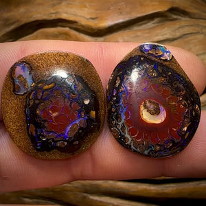 38.7cts - Tribal Queensland Boulder Opal Pair. Partial Crystal Centre
