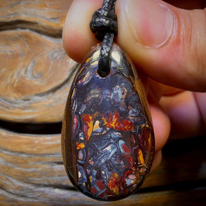40 x 24mm - “Flames surround it” Drilled Boulder Opal Pendant w/ Eco Friendly Vegan Cord