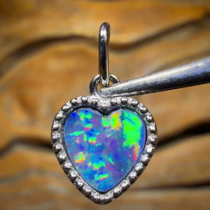 Sterling Silver - “Beading Heart” Queensland Boulder Opal Doublet Pendant. NEW Antique Style Beaded Design