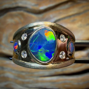 14k Gold - NEW Isaac Design TOP Queensland Boulder UNISEX Opal Doublet and Diamond Ring Harlequin Style Pattern