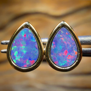 Bargain Card! Sterling Silver Gold Plated - Australian Boulder Opal Doublet Stud Earrings Red Fire