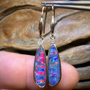 TGIF 14k Gold - “As Good As It Gets” Top Red Multi Australian Boulder Opal Doublet and Diamond Hook Earrings