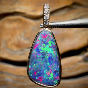 14k Gold -Queensland Boulder Opal Doublet Pendant Top Red Multi Fire with Diamonds New 2026