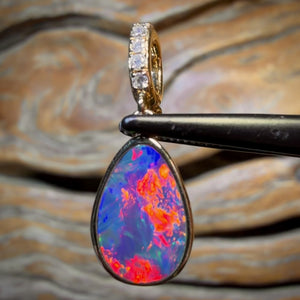 14k Gold - Top, Top, Top Red Queensland Boulder Opal Doublet Pendant with Diamond Pearl Enhancer