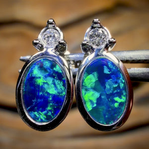 14k White Gold - Queensland Boulder Doublet Earrings Top Electric Blue/ Green with Diamonds New 2026