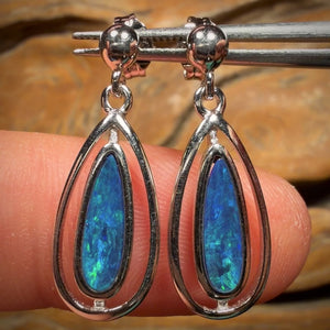 Sterling Silver - Australian Boulder Opal Doublet Drop Stud Earrings