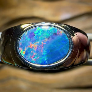 Sterling Silver - UNISEX Queensland Boulder Opal Doublet Ring Solid Style with Red