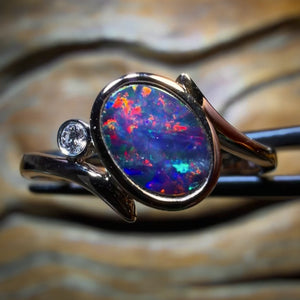 10k Rose Gold - Queensland Boulder Opal Top Red Multi Doublet Diamond Ring