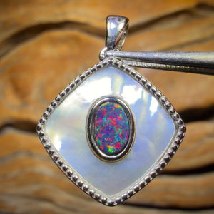 Sterling Silver - NEW DESIGN Queensland Boulder Opal Doublet and Mother Of Pearl Pendant. ONLY ONE IN RED FIRE