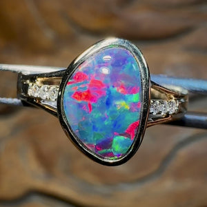 Australian 14k Gold Boulder Doublet Opal Ring with Diamonds