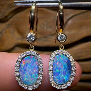 9k Gold - Australian Boulder Opal Doublet Hook Earrings with White Sapphires.