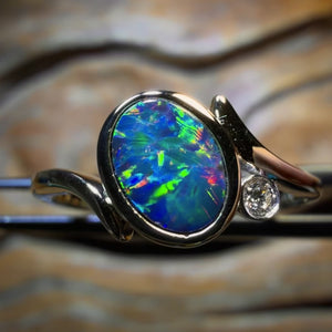 14k Gold - NEW Isaac Design Queensland Boulder Opal Doublet And Diamond Ring