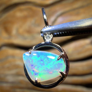 TGIF 14k White Gold - Solid South Australian Crystal Opal Pendant With Diamond