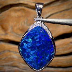 14k White Gold - Large Queensland Boulder Opal Doublet Pendant Top Ming Blue with Diamonds New 2026