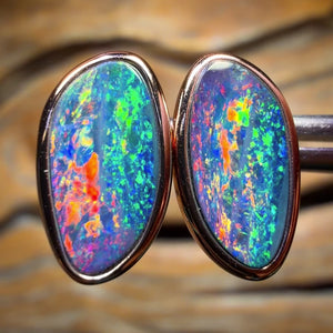 Top Top Red Multi Fire Sterling Silver Rose Gold Plated - Australian Boulder Opal Doublet Stud Earrings. Top Multicolours
