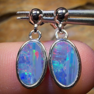 Sterling Silver - Australian Boulder Opal Doublet Drop Stud Earrings