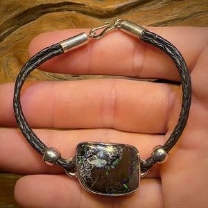 Unique -Solid Australian Boulder Opal Bracelet w/ leather