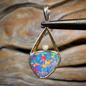 14k Gold - Queensland Boulder Opal Doublet and Diamond Pendant Red