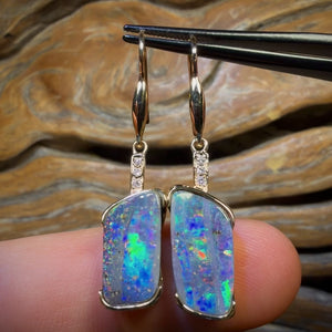 18k Gold - Unique Solid Australian Boulder Opal Splits Hook Earrings Top Red Multi Colour with Diamonds