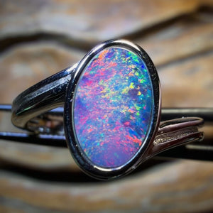 Bargain Card! Sterling Silver - Queensland Boulder Opal Red Multi Colour Doublet Ring