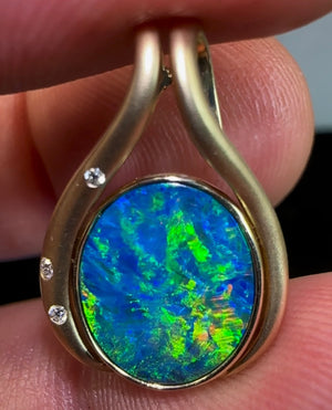 14k frosted yellow Gold + Diamond Handmade Opal Pendant - Opalwhisperers