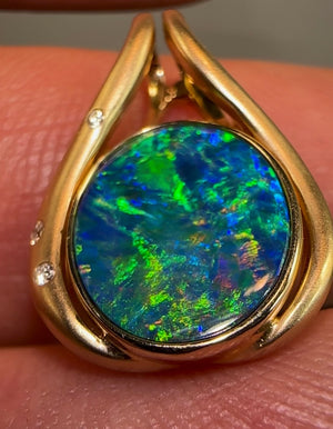 14k frosted yellow Gold + Diamond Handmade Opal Pendant - Opalwhisperers